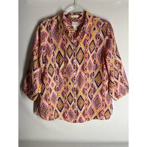 Chico's 100% Linen Colorful Printed Aztec No Iron Button Down Top Size 1 US M